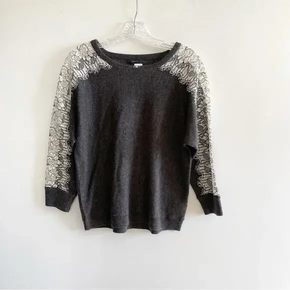 NWT J. Crew Grey Wool Lace Sleeve Sweater - Picture 2 of 7